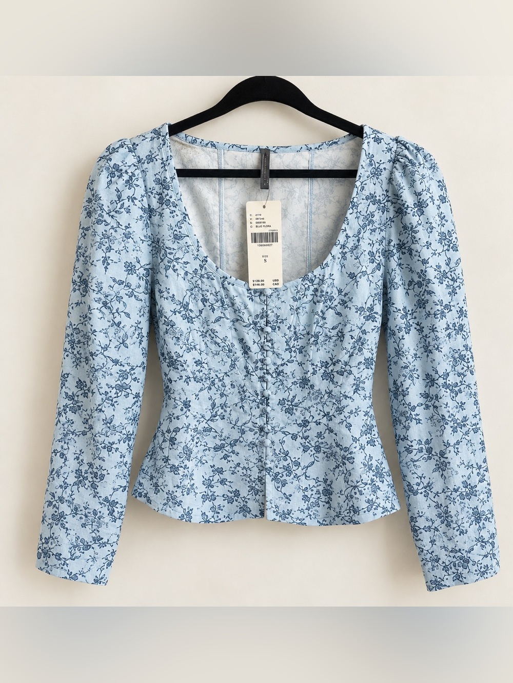 NWT Anthropologie Blue Floral Peasant Blouse Boho Romantic Top Size Small